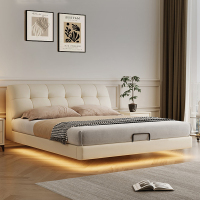 奶油风云朵悬浮床轻奢现代简约真皮床主卧室家用带灯软包泡芙婚床