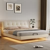 奶油风云朵悬浮床轻奢现代简约真皮床主卧室家用带灯软包泡芙婚床