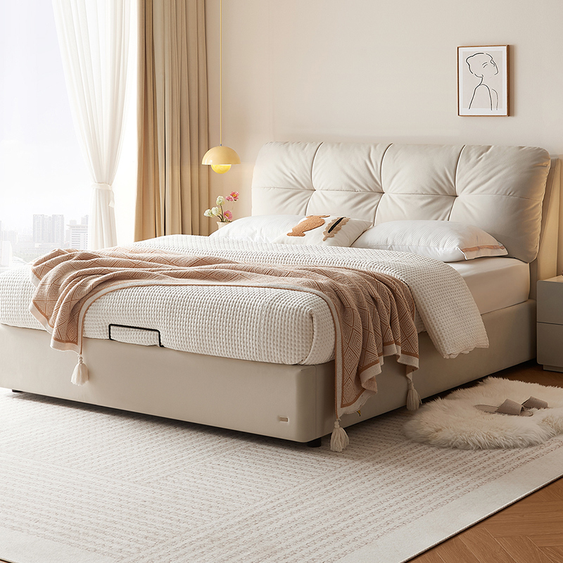 全友家居奶油风布艺床新款主卧室猫抓绒布云朵软包双人大床