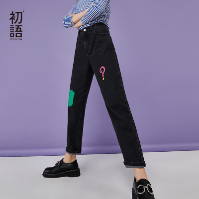 初语2020年牛仔裤新款女浅色秋季直筒宽松撞色印花水洗裤子潮