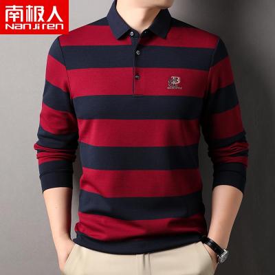 南极人男士长袖T恤翻领条纹2025春秋男装上衣绣花保罗polo衫高档
