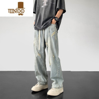 YANXU冰丝破洞牛仔裤男款夏季潮流薄款宽松直筒裤高街潮牌阔腿长裤子