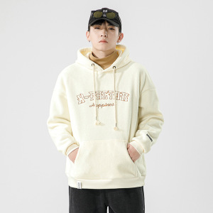 奥粒绒连帽卫衣男秋冬潮牌绣花落肩宽松保暖加厚摇粒抓绒外穿外套