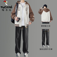 啄木鸟开襟羊毛衫春秋连帽运动衫男少年初中生新潮帅气西装