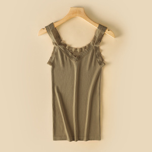 秋冬款保暖背心女蕾丝大圆领修身显瘦打底纯色简约毛圈绒吊带