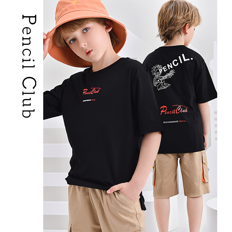 5]铅笔俱乐部童装男童t恤短袖纯棉帅气儿童上衣宽松休闲夏季2024