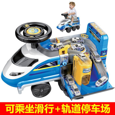 儿童助力滑行车大号多功能轨道停车场玩具可乘坐高铁小火车灯光音乐玩具六一警察高铁大冒险+2小车