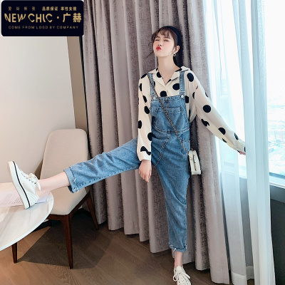 广赫小个子高腰牛仔背带裤女韩版宽松2021年春夏秋冬季新款时尚九分裤牛仔裤