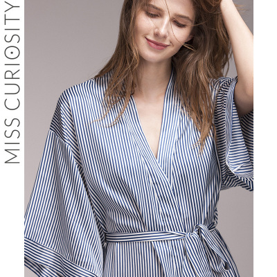 和式系带女士睡袍V领丝质细条纹宽袖中袖性感浴袍睡衣夏