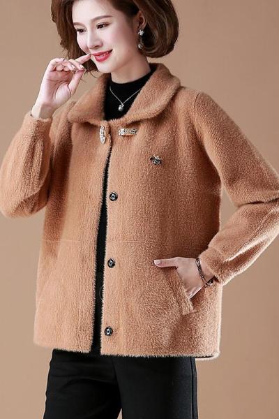 迪鲁奥(DILUAO)妈妈秋冬装水短款大衣中老年女装毛呢外套加肥加大码洋气上衣