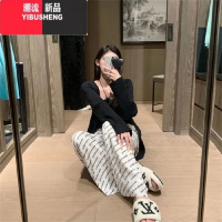 YIBUSHENG肌理感字母褶皱阔腿裤女季薄款直筒宽松休闲裤百搭高腰拖地裤潮