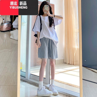YIBUSHENG牛仔短裤女季薄款高腰宽松显瘦学生百搭阔腿五分休闲中裤软