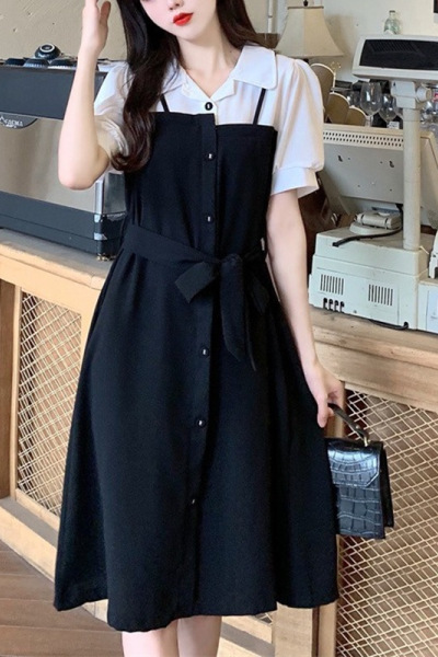 黑白拼接假两件短袖衬衫连衣裙子设计感撞色系带收腰翻领长裙女装