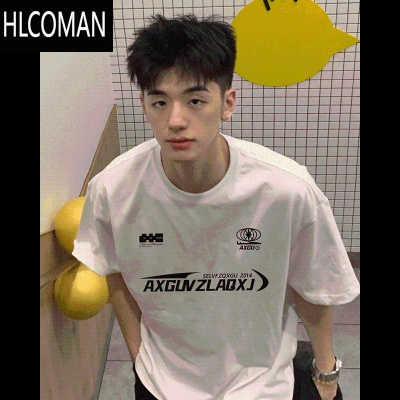 HLCOMAN白色潮牌休闲字母T恤短袖男款夏季美式高街圆领上衣半袖