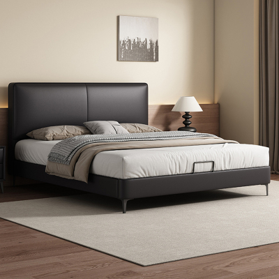 现代简约豆腐块真皮床复古风主卧高端大气双人床小户型高箱储物床