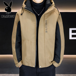 花花公子新款高品质冬季新款户外防寒服三防连帽拼接加厚羽绒棉男装夹克外套
