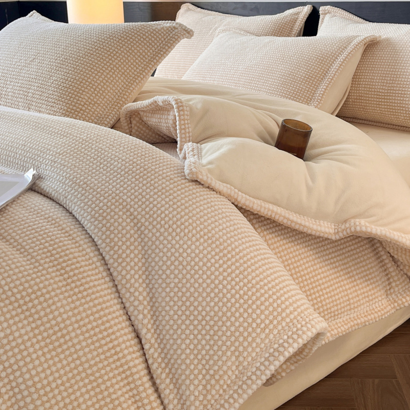 a类提花牛奶绒四件套冬季加厚珊瑚绒被套法兰绒床上用品加绒床单4