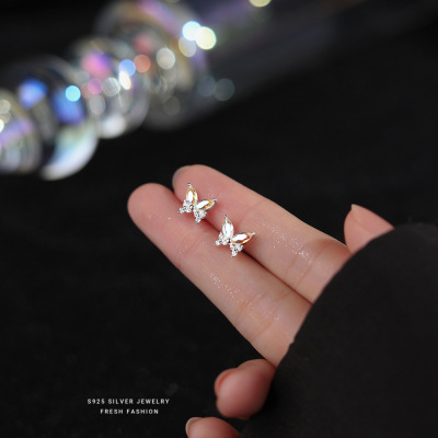 s925纯银彩色锆石蝴蝶耳钉女七彩超闪小仙女几何形耳饰品耳环代发送女朋友老婆情人节七夕生日礼物