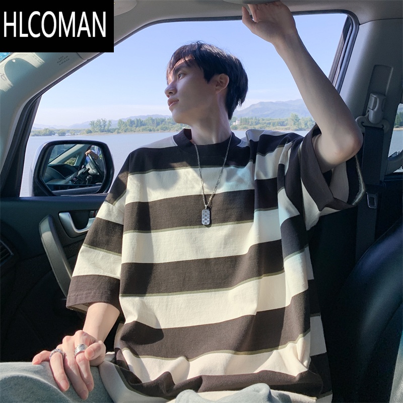 HLCOMAN日系复古撞色条纹短袖T恤男夏季oversize青少年潮牌宽松半袖体恤