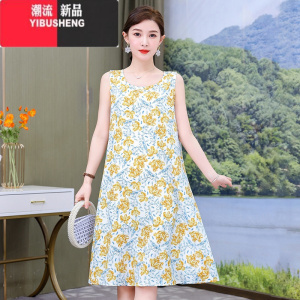 YIBUSHENG中年季薄款女士裙子宽松无袖中长款连衣裙显瘦妈妈装吊带沙滩裙
