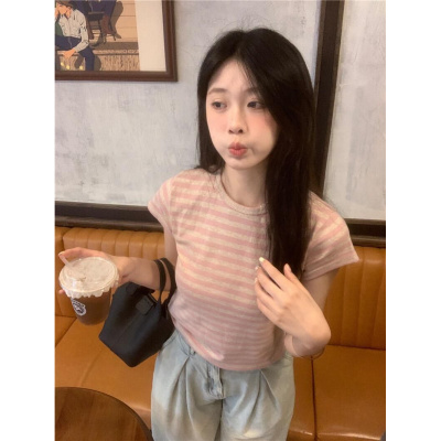 条纹撞色设计正肩短袖T恤女2025夏季新款休闲显瘦百搭学生上衣潮