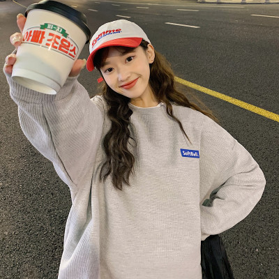 [1折价39.9元,叠加优惠券]春季卫衣女圆领华夫格贴标上衣韩版宽松显瘦简约潮