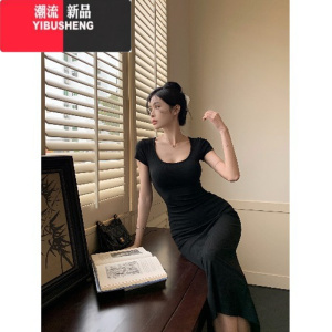 YIBUSHENG气质黑色镂空露背开叉连衣裙女季收腰包臀裙中长款裙子 黑色 均码
