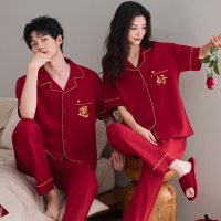大红色睡衣结婚新婚情侣开衫春夏季短袖长裤男女特大码家居服套装