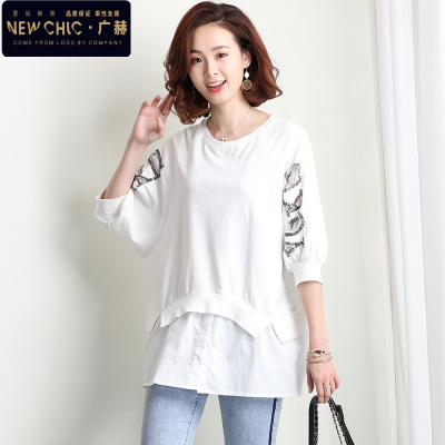 广赫大码宽松假两件圆领卫衣女中长款女装2021春装新款欧洲站洋气上衣卫衣