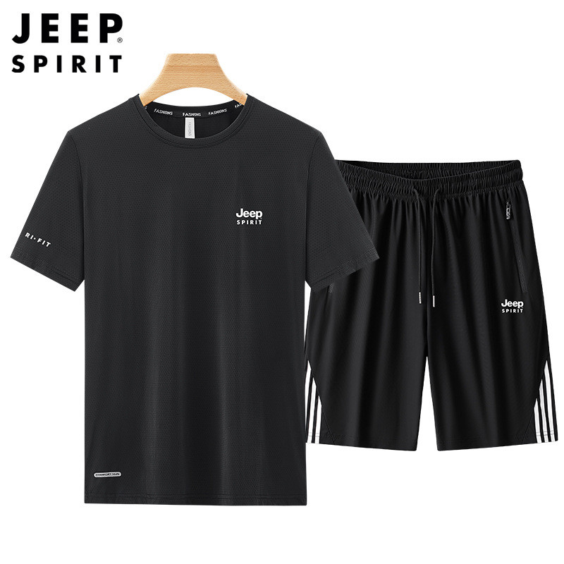 JEEP吉普男装套装短袖T恤短裤两件套运动服夏季宽松冰丝