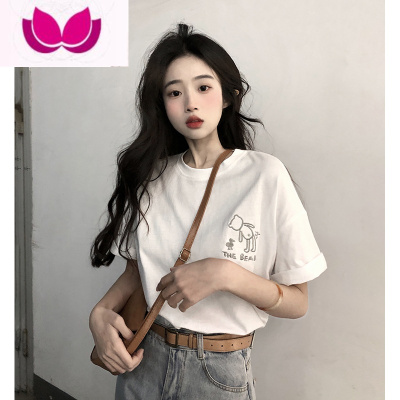 七斓小熊T恤女夏季2022新款复古日系刺绣宽松白色圆领短袖上衣ins