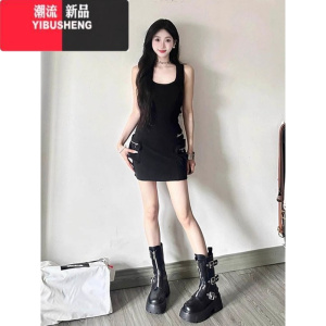 YIBUSHENG黑色辣妹风工装背心连衣裙女季冷淡系高级感无袖包臀短裙掐腰裙