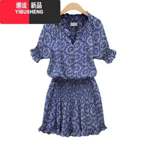 YIBUSHENG欧洲站春季时尚新款 短袖印花棉质休闲百搭女人味V领简约连衣裙