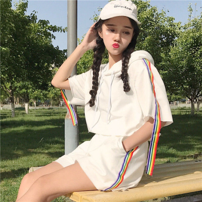 珂卡慕(KEKAMU)含棉夏季休闲短裤运动服套装女宽松显瘦韩版潮学生时尚跑步两件套白色套装M建议90~105斤