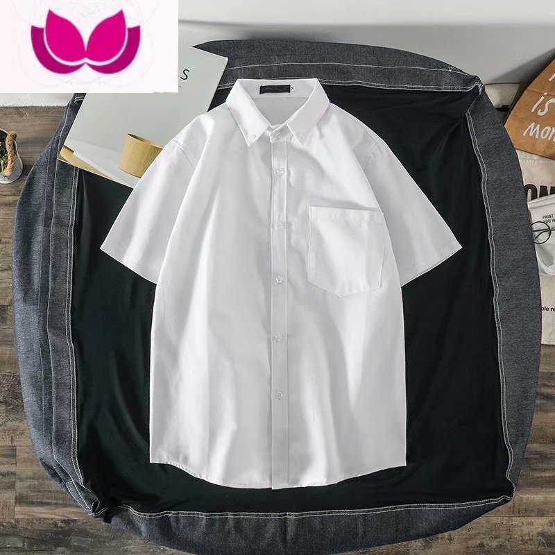 七斓日系纯色口袋短袖衬衫男女2023夏季潮流宽松情侣五分外穿半袖衬衣