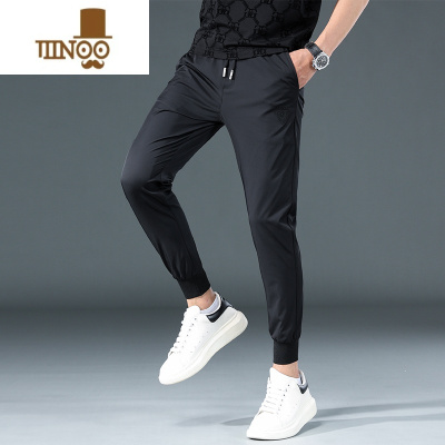 YANXU纯色冰丝裤子男士夏季薄款松紧腰百搭束脚速干九分运动裤休闲长裤