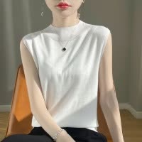 女士一线成衣精纺羊毛半高圆领无袖背心春夏新款显瘦气质内搭上衣