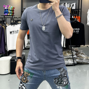 欧洲站夏季男士时尚潮流圆领短袖T恤个性立体修身简约半袖打底衫