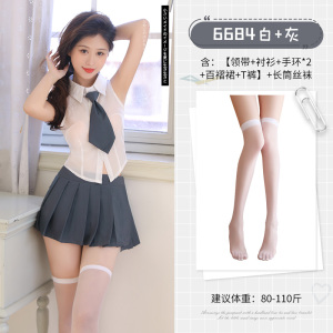 霏慕校园JK制服学院风分体套装小胸学妹无袖透薄短上衣衬衫包臀百褶短裙COS情趣内衣性感睡衣6684