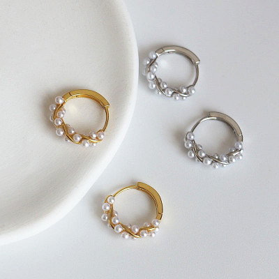 S925纯银扭曲花环珠珠耳扣串珍珠耳环金色银色银耳饰韩版潮女饰品送女朋友老婆情人节七夕生日礼物