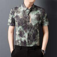 江山图印花衬衫男短袖2025夏季新款时尚休闲潮流百搭男士衬衣