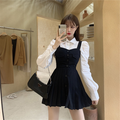 枫述胖妹妹显瘦套装大码女装2021年新款遮肚藏肉黑色背带百褶裙两件套