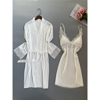 Ideamini春秋睡衣女性感冰丝浴袍蕾丝吊带胸垫诱惑睡裙睡袍两件套家居服夏