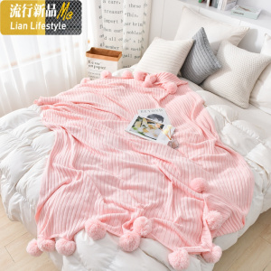 ins网红毯子针织毯子球球毛毯棉夏季盖毯空调午睡毯北欧沙发毯 三维工匠