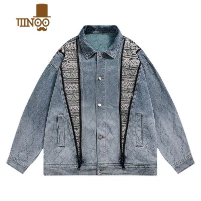 YANXU美式复古水洗做旧牛仔外套男宽松休闲拼接撞色情侣装翻领夹克上衣