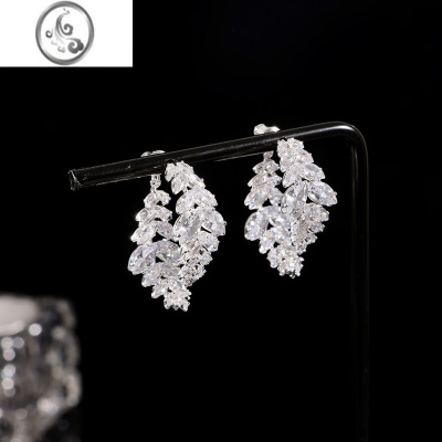 JiMi高级感轻奢满钻树叶前后式耳环女2023年新潮百搭时尚个性小众耳饰