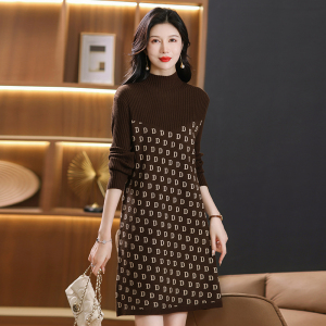 山羊绒衫女中长款高端新款春秋毛衣裙厚打底针织羊毛连衣裙女士半高领套头毛衣宽松连衣裙毛衣大码毛衫针织打底衫