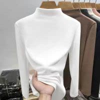 秋冬德绒半高领内搭纯色打底衫女修身显瘦洋气外穿长袖T恤上衣女