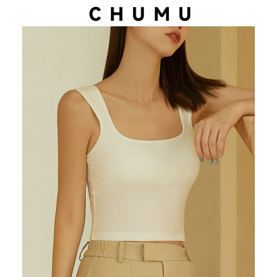 夏季白色纯棉背心带胸垫女内搭方领短款辣妹宽肩外穿打底上衣