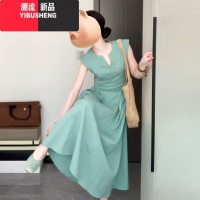 YIBUSHENG茶歇法式气质绝美无袖绿色连衣裙子女季2024新款高级感显瘦长裙
